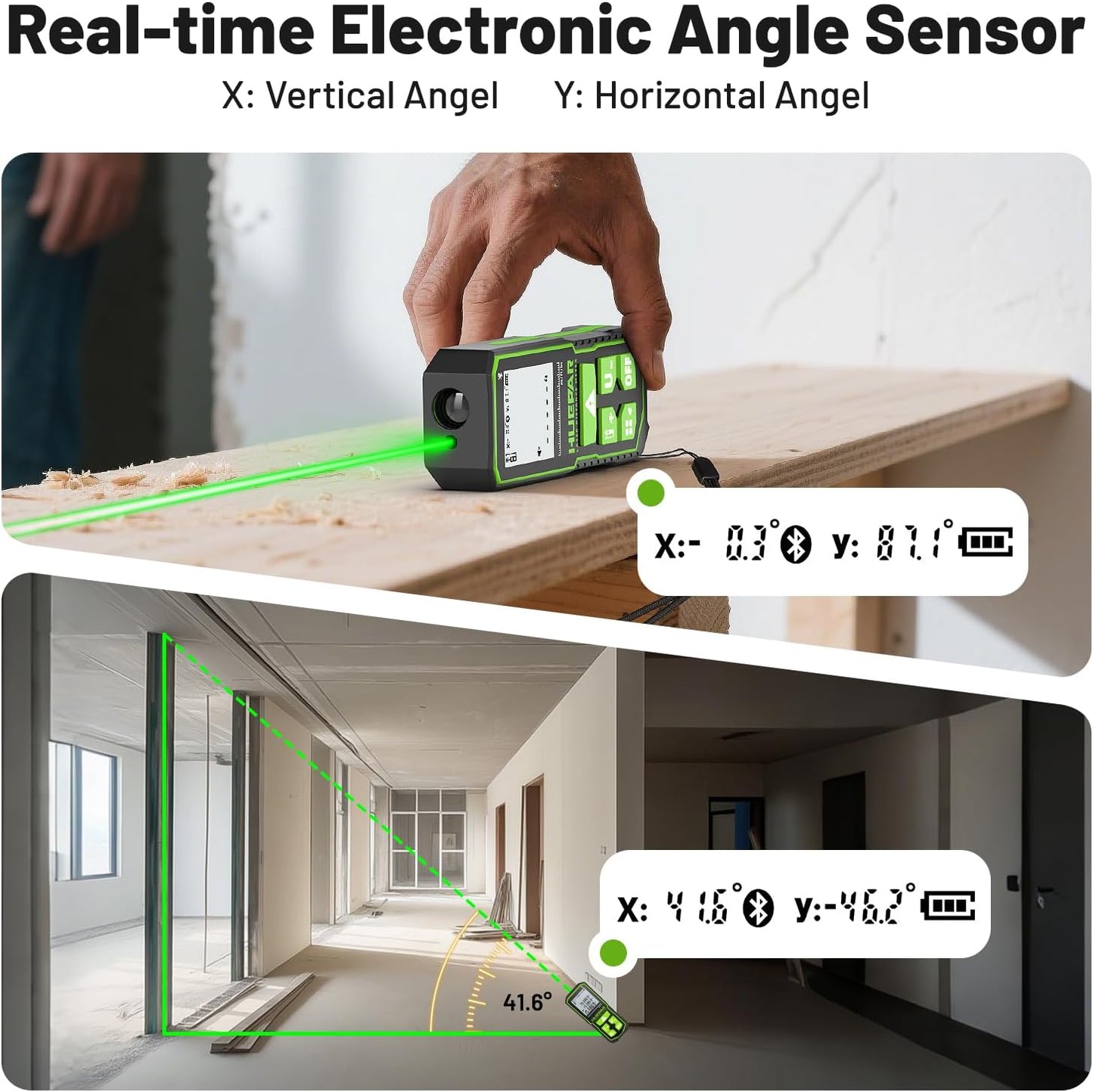 Huepar 330Ft Green Laser Measurement Tool with APP Control, Rechargeable Bluetooth Distance Meter ±1/16" High Accuracy, Angle Sensor, Multiple Modes, IP54 Waterproof Durable for Home & Construction