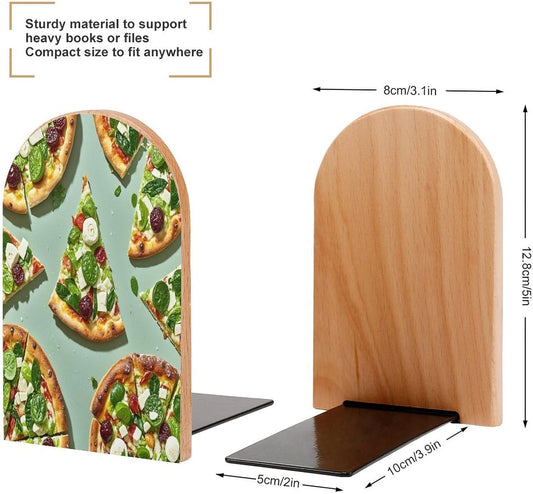 Green Pizza Slices Bookends 1 Pair Heavy Duty Book Ends for Shelves Non-Skid Bookend Supports Wooden Book Holders with Metal Base Desk Organizers Books Storage to Hold Books