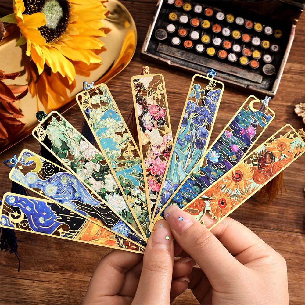 8 Pieces of Gold Hollow Bookmarks with Tassels, Featuring Van Gogh and Monet Oil Painting Themes Perfect for Book Lovers, Writers, Readers, Children, Teenagers, Men, Women, and Adults