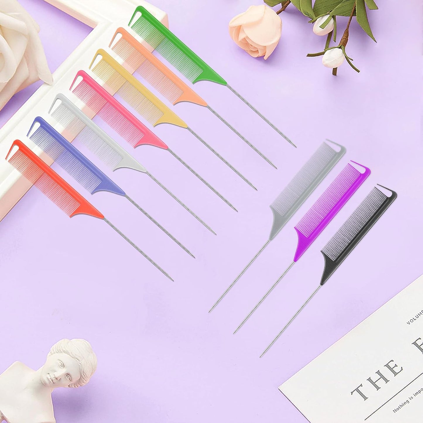 10 PCS Rat Tail Combs Set - Hair Teasing Fine Tooth Comb for Women Girls, Parting Comb for Braiding Hair Styling Tools & Appliances with Stainless Steel Pintail Carbon Fiber Heat Resistant