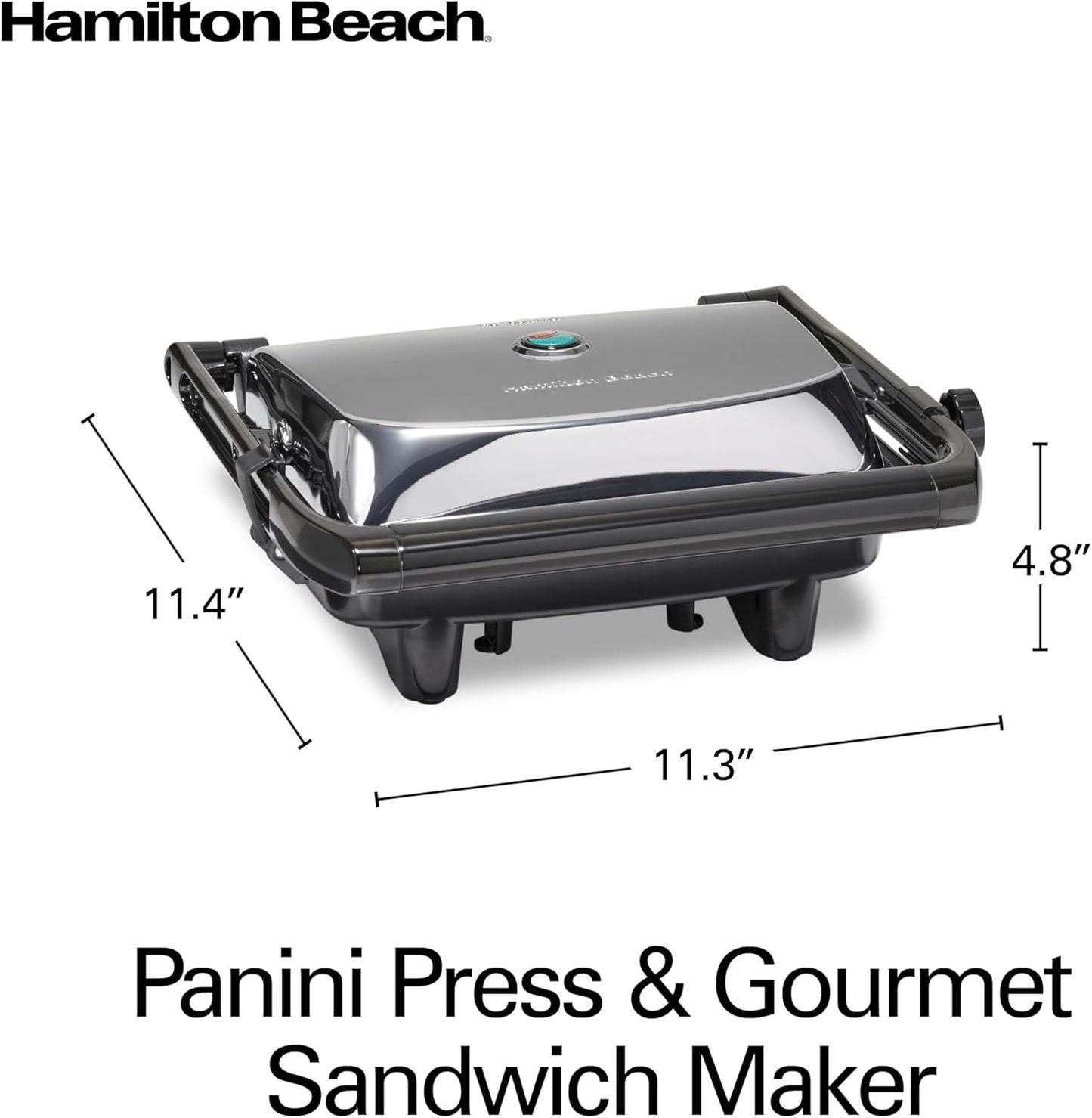 Hamilton Beach Panini Press Sandwich Maker & Electric Indoor Grill with Locking Lid, Opens Wide to Fit Any Thickness for Quesadillas, Burgers & More, Nonstick 8" x 10" Grids, Chrome (25460MNA)