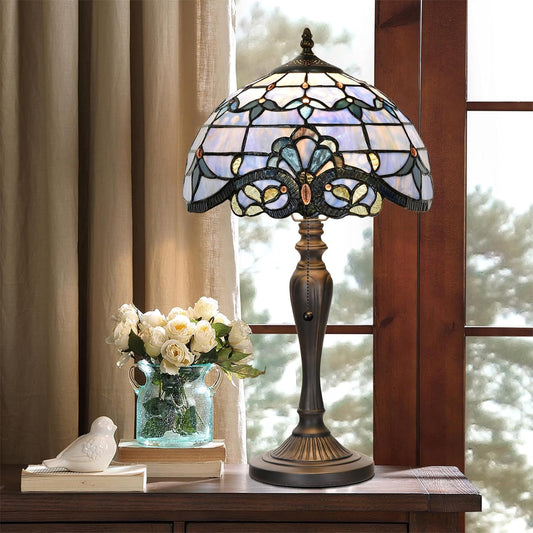 TL0015 Tiffany Table Lamp, Blue Baroque Stained Glass Shade, W12×OH21.5in, LED Bulb Included, for Bedroom Living Room (Blue Baroque)