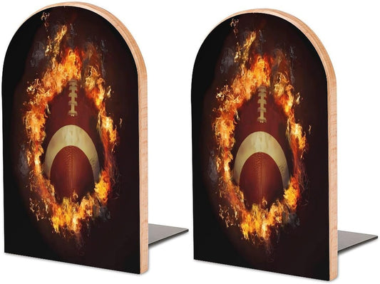 Flaming American Football Wooden Bookend Non-Slip Book Ends Heavy Duty Book Stopper with Metal Base Books Holderd Decorative Bookends Stands Firmly for Office Supplies