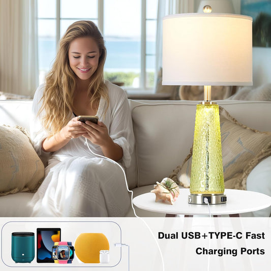 26" Gold Glass Table Lamps for Living Room Set of 2, Modern Bedside Lamp with USB A+C Ports & AC Outlet, Coastal Cracked Glass Nightstand Lamps with 2 LED Night Light for Bedroom End Table Amber Decor