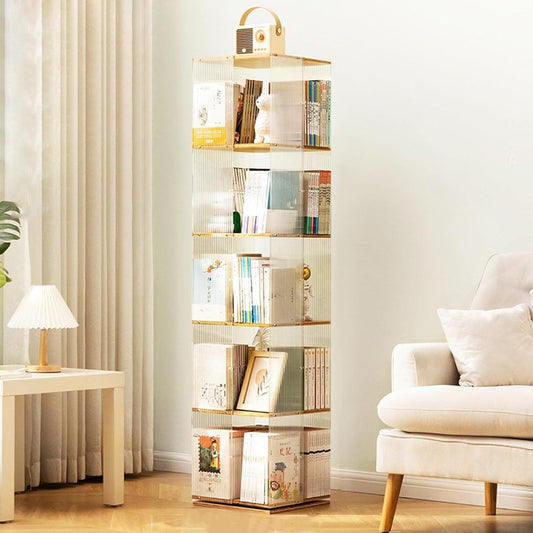 360° Rotating Bookcase - Clear Acrylic & Bamboo, 5-Tier Freestanding Storage Shelves for Living Room, Bedroom & Study - Stylish Striped Design, Space-Saving Organizer