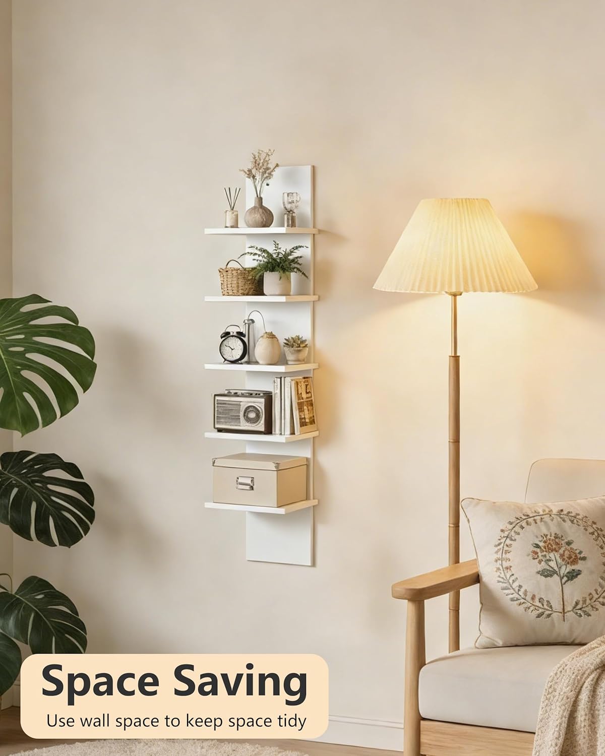 Ladder Shelf, 5-Tier Wall Mounted Bookshelf, Modern Simple Storage Rack,Easy to Install, for Living Room, Bedroom & Study, White
