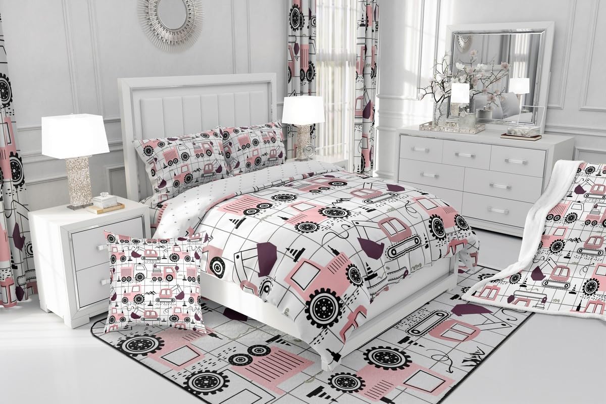 Feelyou Construction Fleece Throw Blanket for Girls Boys Kids Baby 30"x40" Cartoon Car Excavator Tractor Plush Blanket Equipment Trucks Sherpa Blanket Plaid Pink Black Theme Fuzzy Blanket