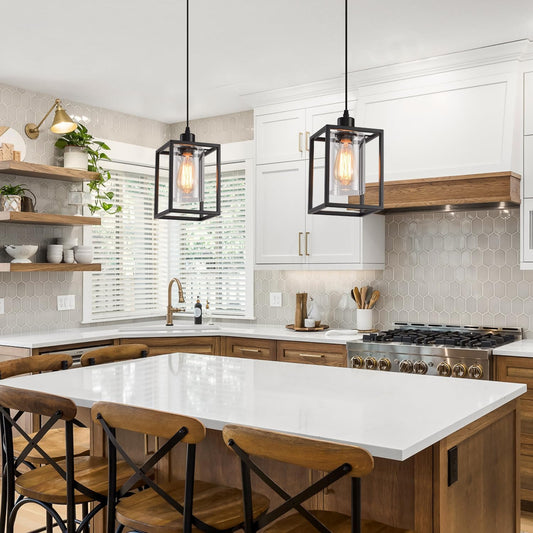 Black Pendant Lights for Kitchen Island Industrial Lantern Pendant Light Fixtures with Clear Glass Shade, Farmhouse Adjustable Height Hanging Pendant Lighting