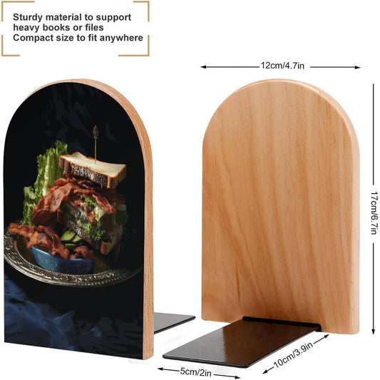 Sandwich Wooden Bookend Non-Slip Book Ends Heavy Duty Book Stopper with Metal Base Books Holderd Decorative Bookends Stands Firmly for Office Supplies