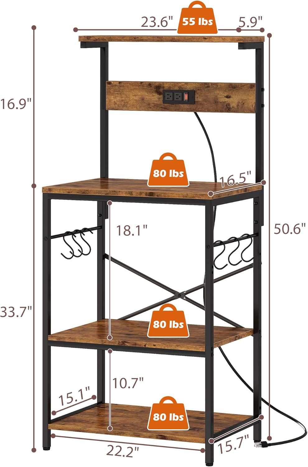 SUPERJARE Kitchen Bakers Rack with Power Outlet, Coffee Bar Table 4 Tiers, Kitchen Microwave Stand with 6 S-Shaped Hooks, Storage Shelf Rack for Spices, Pots and Pans - Rustic Brown
