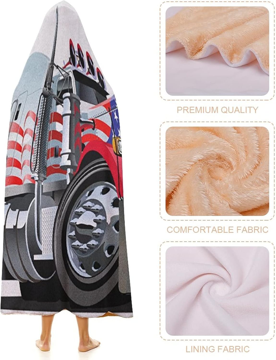 Throw Blankets, Truck Women Men Hooded Blanket, American Flag Themed Semi 18 Wheeler Transportation, Soft Warm Cozy, 60 x 80inches, Studying Reading Snuggling Napping Office, Red White Blue