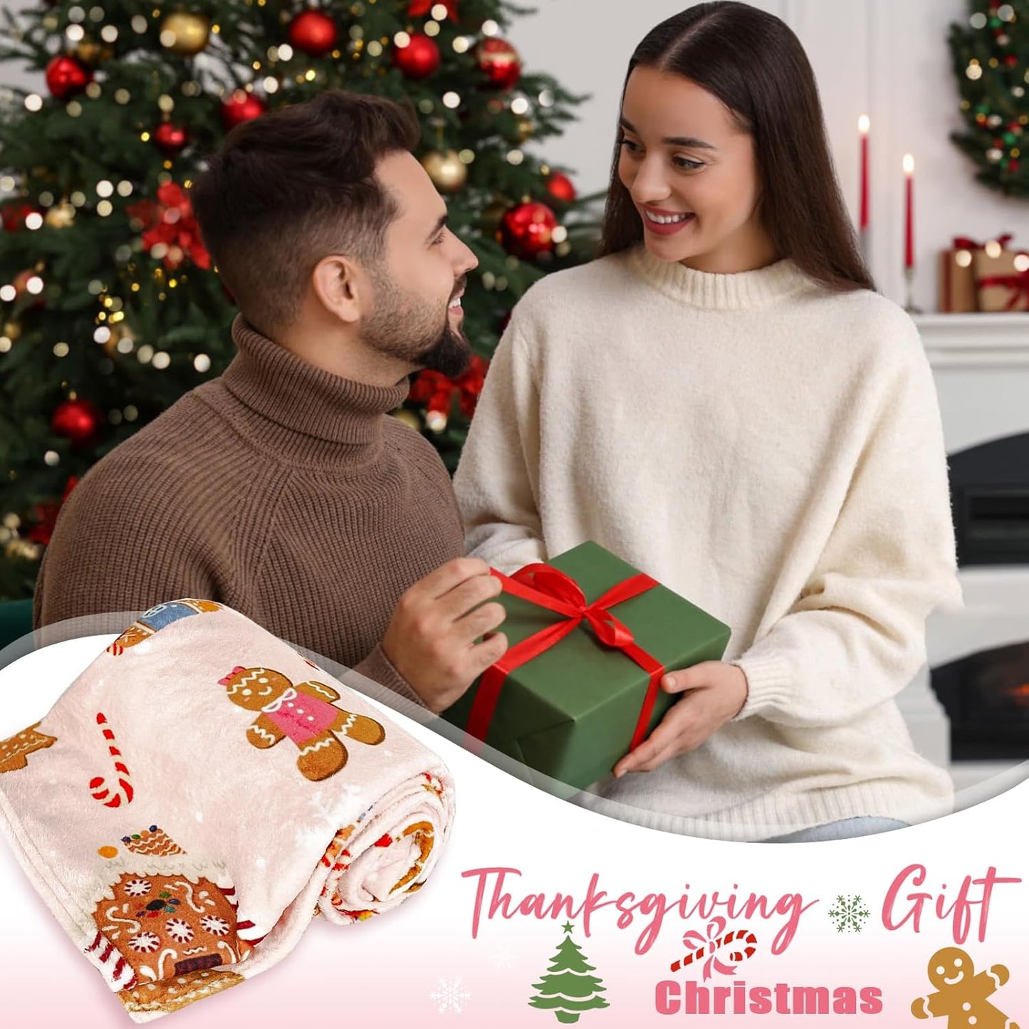 Christmas Throw Blanket Gingerbread Winter Fleece Flannel Blanket Merry Soft Cozy Plush Blankets for Couch Bed Sofa Joy Holiday Decor 60"X50"
