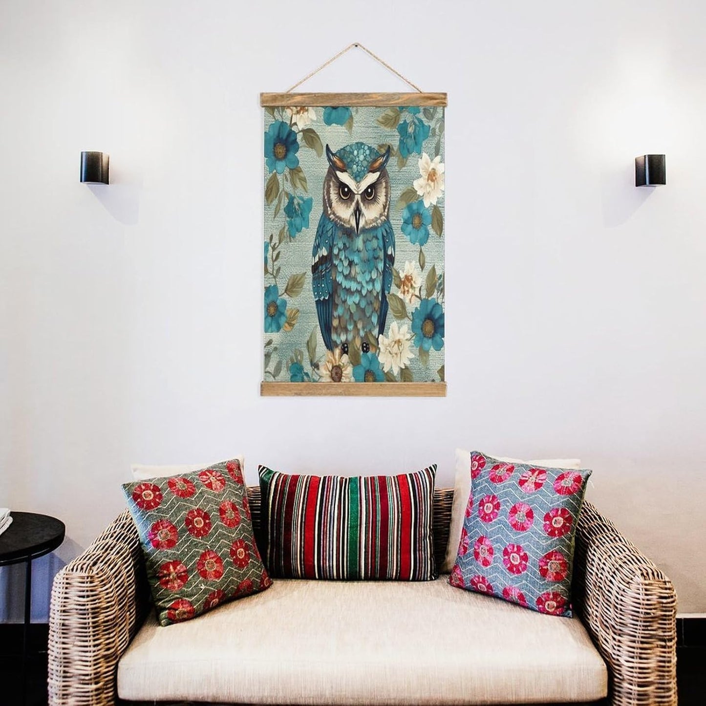 Vintage Owl Spring Flowers Turquoise Poster with Wooden Frame Personalized Linen Hanging Scroll Painting Rustic Wall Hanging Illustrative Modern Artwork Decor for Home Living Room Bedroom Office