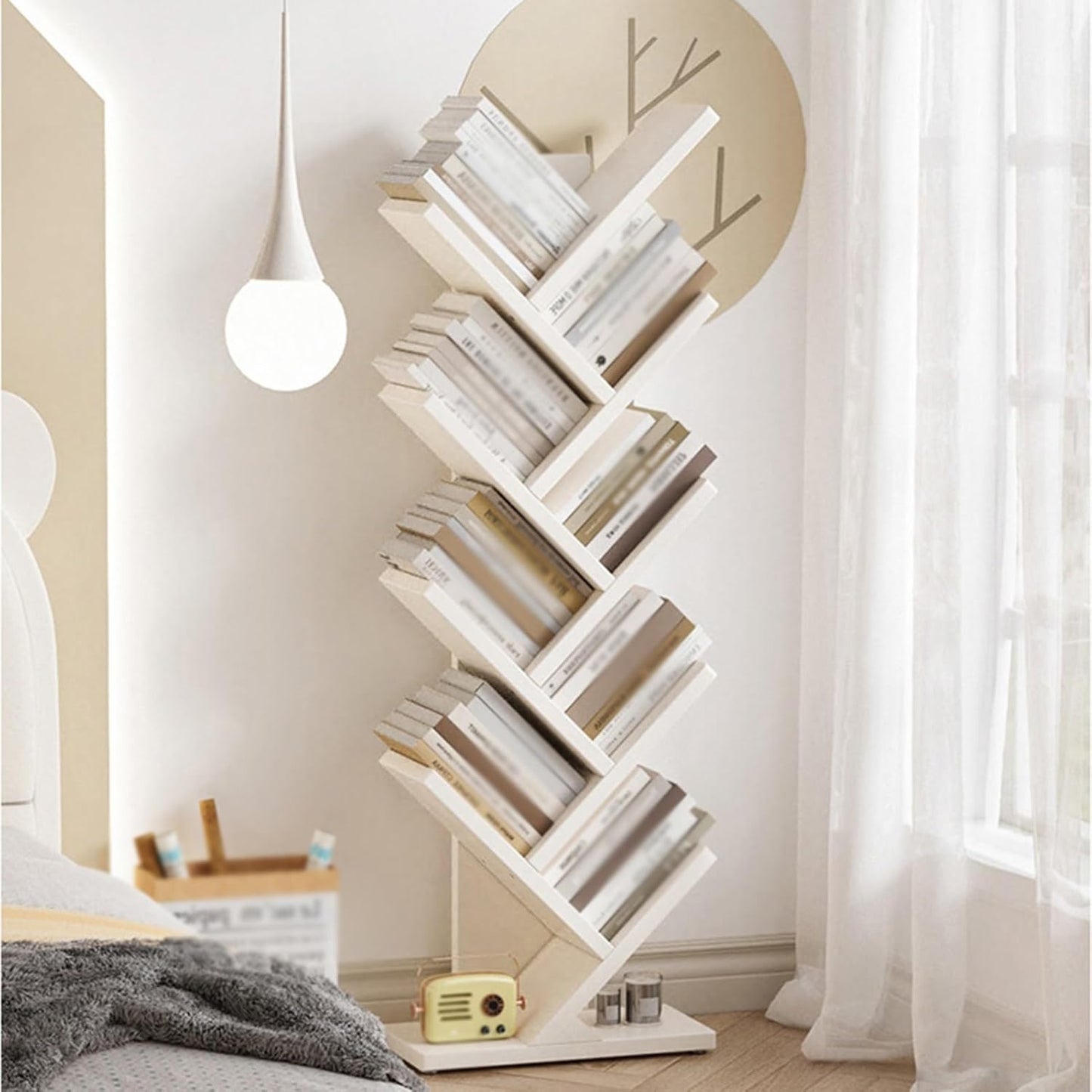 Tree-Shaped Bookshelf, 7 Tier Solid Wood Bookcase, Floor-Standing Storage Shelf for Home Office, Living Room, Bedroom – Modern White Display Unit (44x20x107cm)