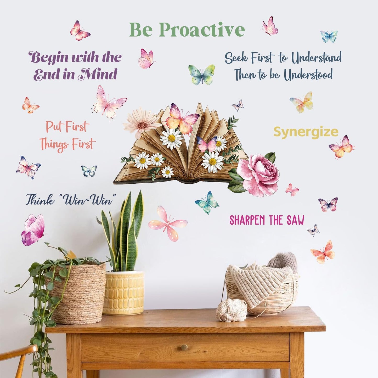 2 Sheets Creative Book Wall Decal - Removable DIY Colorful Flower Butterfly Wall Art with Inspirational Quotes for Girls & Boys Bedroom, Living Room, Bathroom & Study Decor