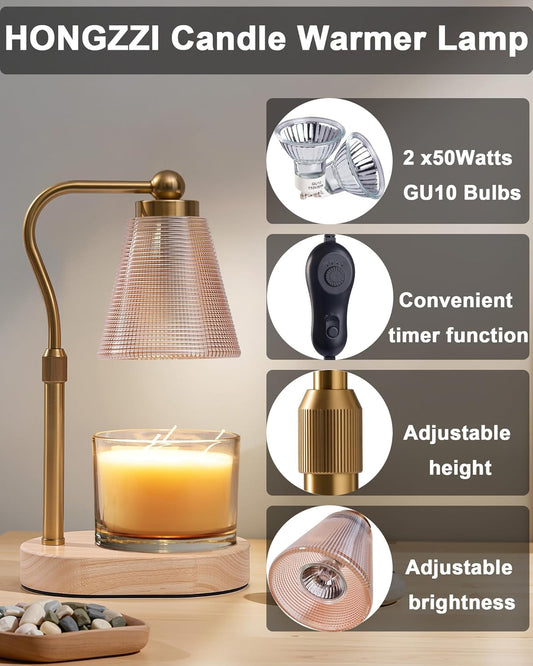 Candle Warmer Lamp with Timer, Dimmer, Adjustable Height, 2 Replacement Bulbs, Electric Candle Warmer for Jar Candles, Decorative Candle Lamps (Gold)
