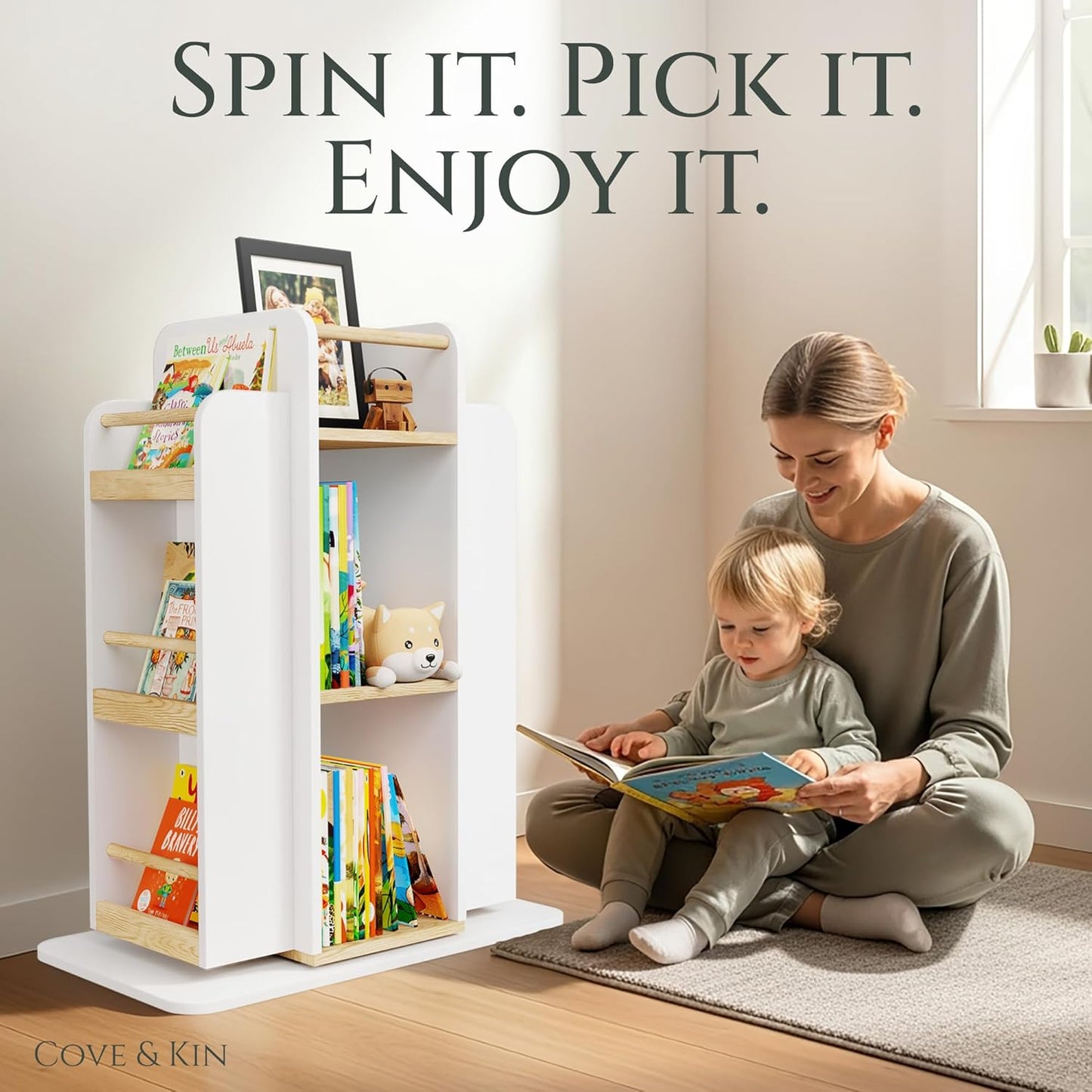 COVE & KIN Kids Rotating Bookshelf Organizer – 360° Montessori-Inspired Front-Facing Bookcase for Toddlers & Kids, Space-Saving Wooden Book Shelf for Nursery, Playroom & Bedroom