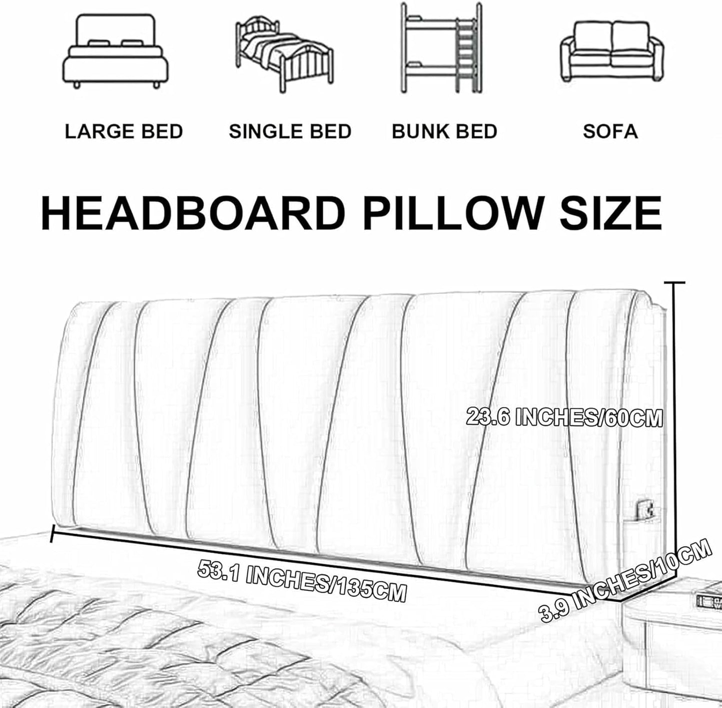 Blue,Paste/35x23x4In,Headboard Pillow Stripe Bedside Cushion Rectangle Headboard Upholstered Bedroom Solid Color Backrest Removable Lumbar Cushion for Bunk Bed Daybed