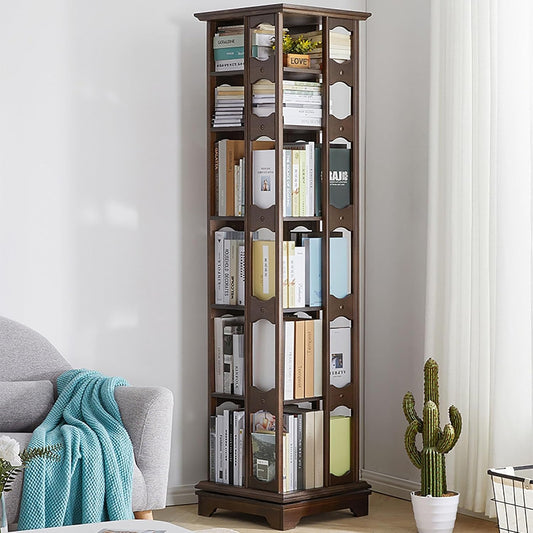 ELZEM 6 Tier Rotating Bookshelf Tower 360° Revolving Bookcase with Base Spinning Bookshelf Square Chinese Style Solid Wood Rotating Bookcase for Bedroom Living Room Study Room