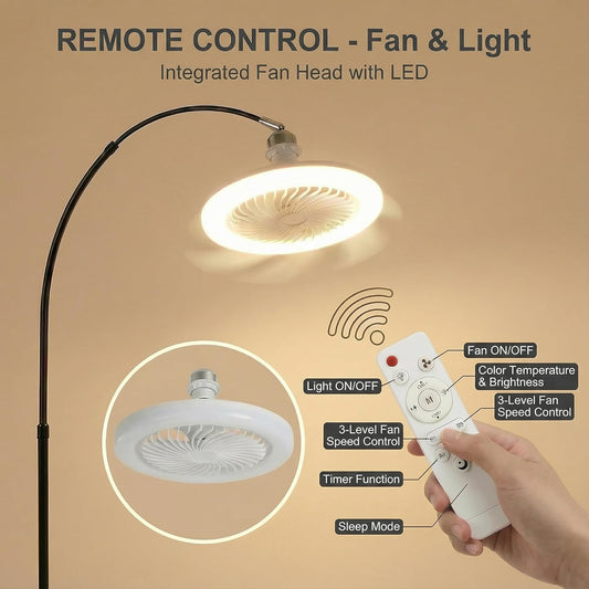 Arc Floor Lamp with Fan Head, Dimmable Floor Lamps with Remote, 3 Color Temperatures Adjustable Standing Lamp, Bright Reading Floor Lamp with Marble Base for Living Room Bedroom