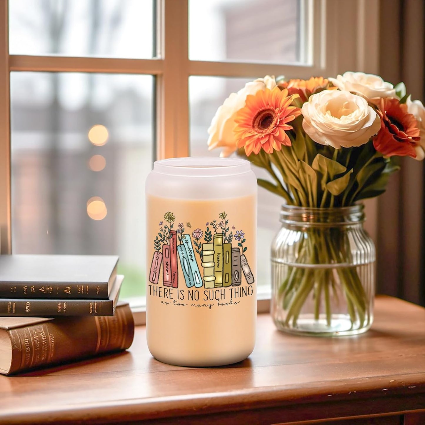 LEADO 16 oz Cute Glass Cups with Lids and Straws - Book Lovers Gifts - Bookish Present, Birthday, Mothers Day Gifts for Book Lovers Women, Readers, Bookworm, Girl - Coffee Tumbler, Reading Accessories