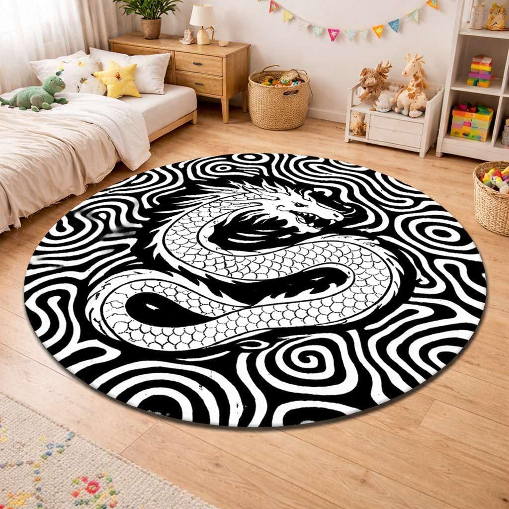 Round Dragon Area Rug Black White New Zealand Wool Hand Tufted Decorative Floor Carpet Abstract Graphic Design Living Room Bedroom Balcony Indoor Outdoor Accent Mat -6" (Round)