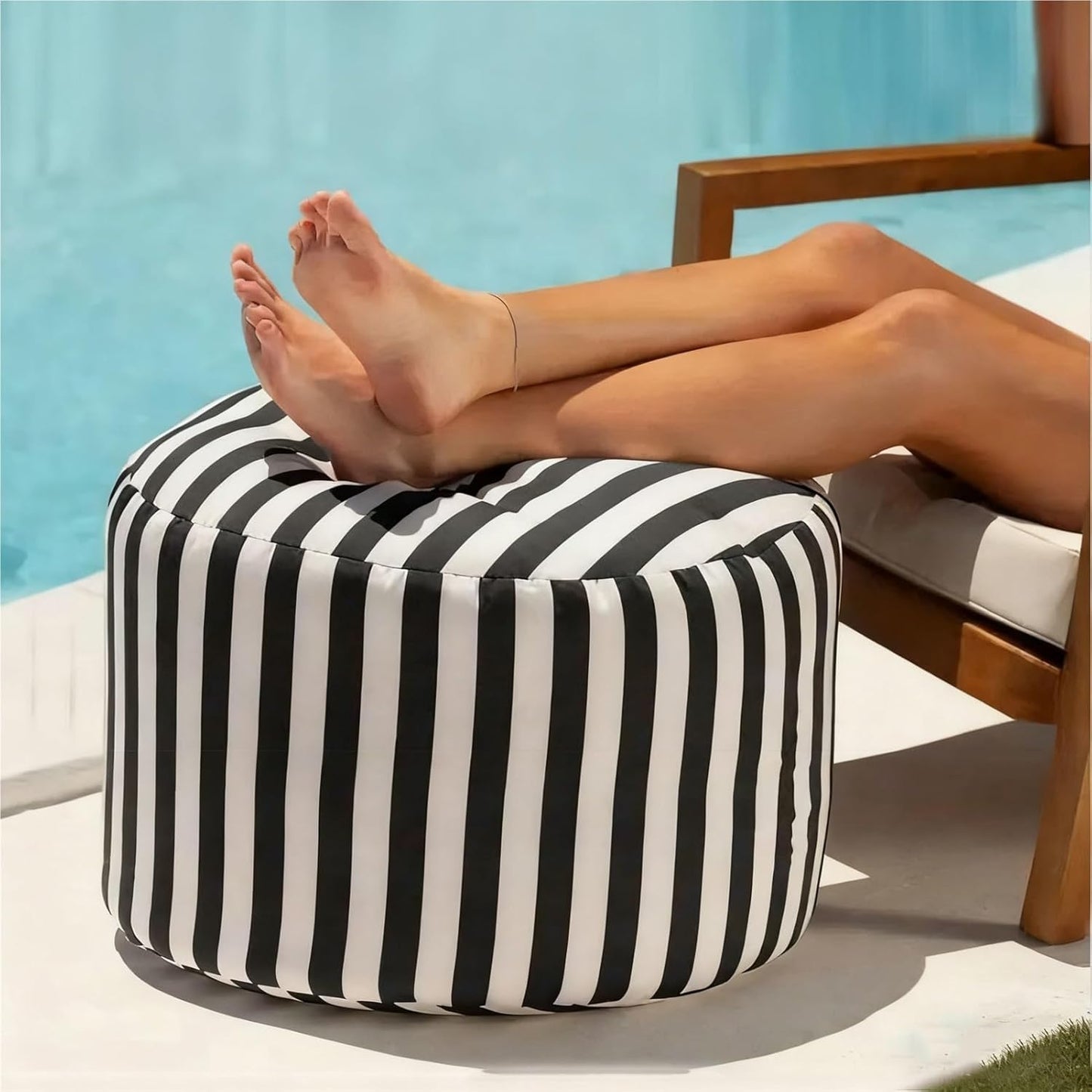 Outdoor Waterproof Round Stripe Pouf Ottoman Cover Footstool Without Filler Beach Garden Beanbag Pouf Puff Salon Floor Seat Futon Stool Bench Swim Pool Ottoman Footrest Stool(Lightgrey)