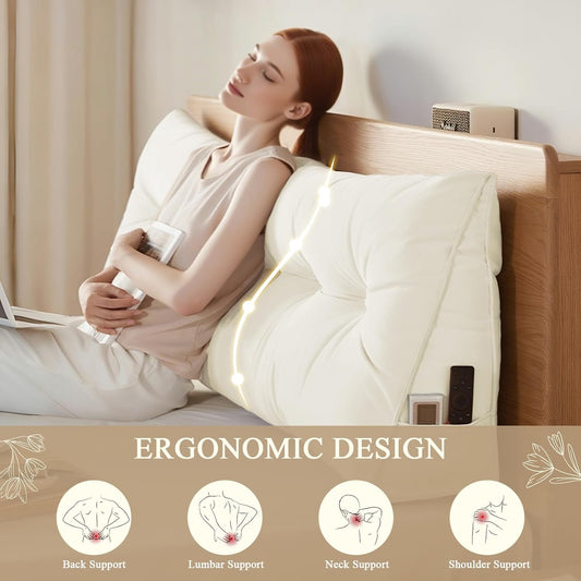 Headboard Pillow Queen, Large Triangular Wedge Headboard Pillow for Reading and Resting, Backrest Positioning Support Pillow with Removable Cover (Cream)