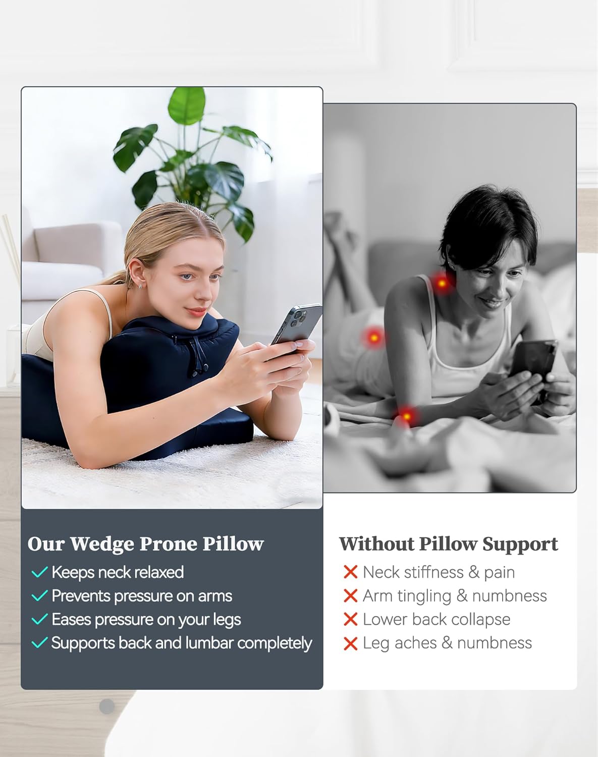 Memory Foam Wedge Pillow Ergonomic Reading Pillow, Comfortable and Supportive Back Support Prone Pillow to Relax Neck and Back for Reading, Watching TV, Sleeping on Your Stomach in Bed-Navy Blue