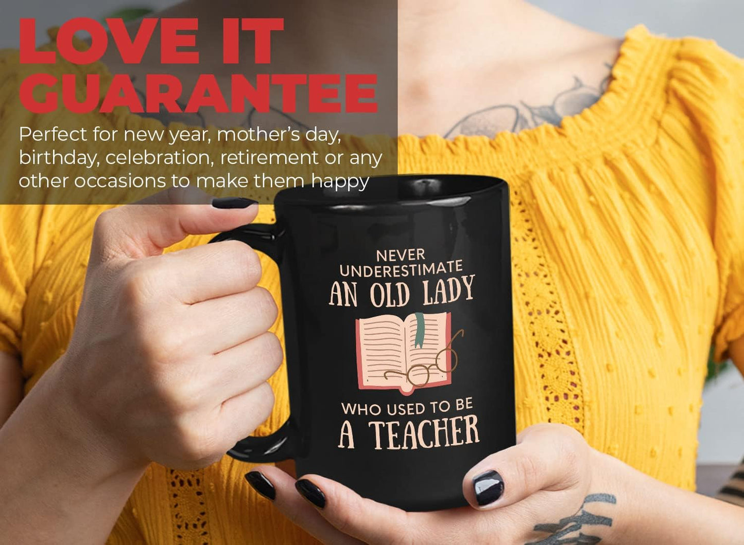 Bubble Hugs Book Lover Coffee Mug 15oz Black - Never Underestimate Old Lady - Reading Reader Grandma Retired Teacher Book Lover Bookish Novelist Librarian Writer