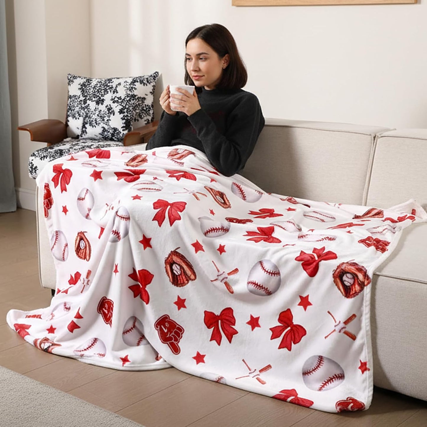Red Bow Baseball Blanket for Teen Girls Cute Soft Flannel Throw Blanket Washable Aesthetic Fuzzy Fleece Throw for Couch Sofa Bed Decor, Valentine Galentines Day Gift 50 x 60inch