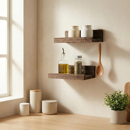 Z metnal Mini Floating Shelves, Small Natural Wooden Display Wall Shelf for Picture Ledge, Pawlownia, Wall Mounted, 8 x 5.5inch, 2 Pack