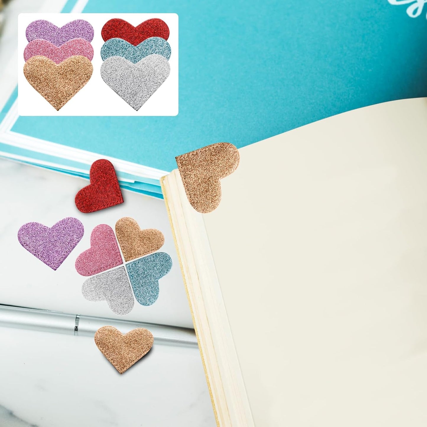 Pine & Linen 6 Pcs Cute Leather Heart Bookmarks, Glittering Double-Sided Bookmarks Cute Corner Book Accessories, Reading Gifts for Book Lovers/Students