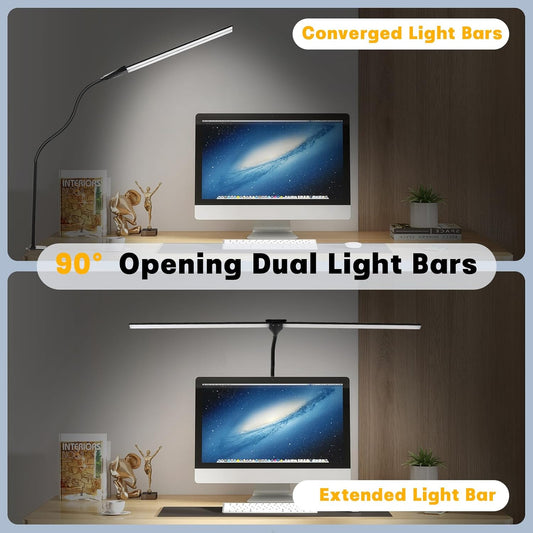 LED Desk Lamp for Home Office, 50 Brightness & Temperature Modes, Eye Protection, Dual Head Dimmable Table Light, 360° Adjustable Gooseneck with Clamp Remote Control, 90% Energy Saving (Black)