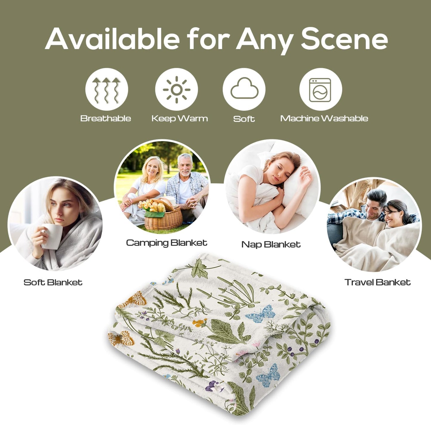 Vintage Floral Throw Blanket Botanical Butterfly Flower Print Ultra Soft Cozy Flannel Blanket Elegant Home Decor Gift for Women Girls, 50x60 Inch