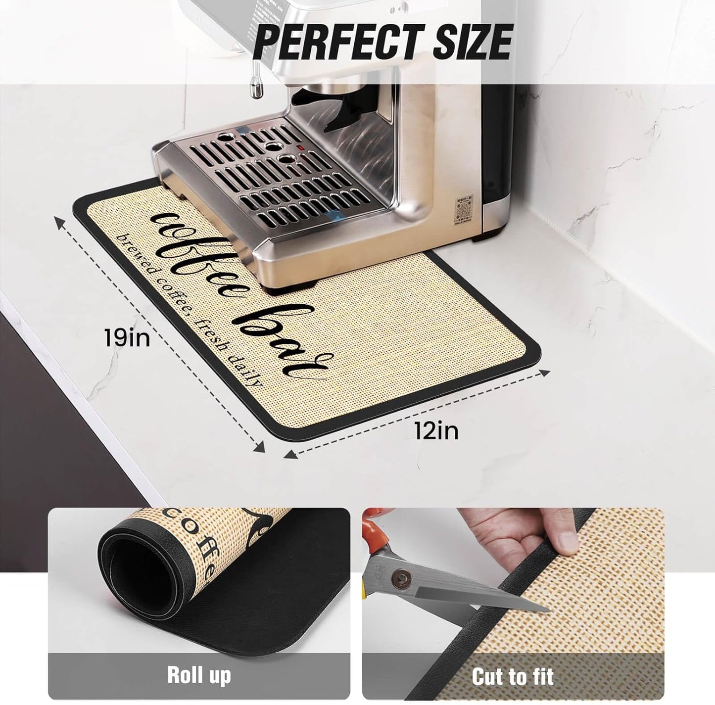 DK177 Coffee Mat - Dish Drying Mat for Kitchen Counter, Hide Stain, Absorbent with Waterproof Rubber Backing, Fit Kitchen Dish Rack Bar Accessories (Coffee Bar, 19" x 12")