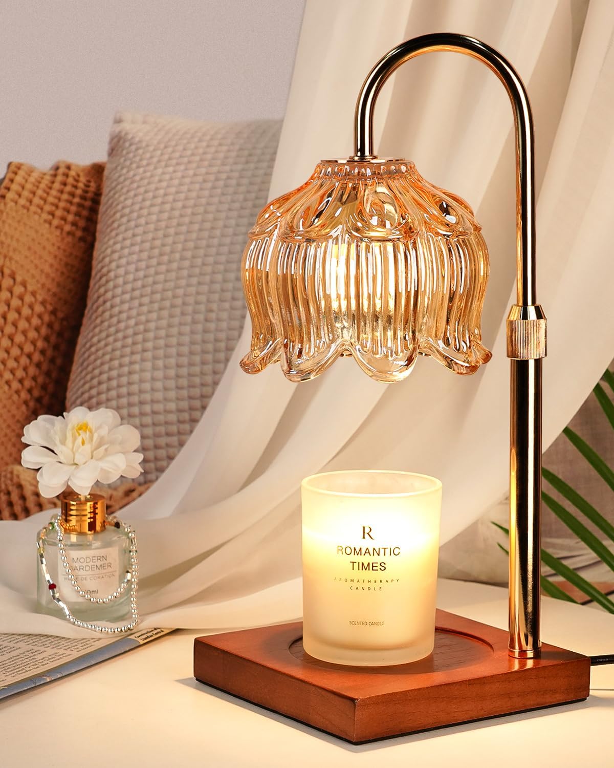 Flower Candle Warmer Lamp with Timer & Dimmer, Adjustable Height Candle Warmer, Birthday Gifts for Women Mom, House Warming New Home Decor, Wax Warmer with 2 Bulbs for Jar Candles
