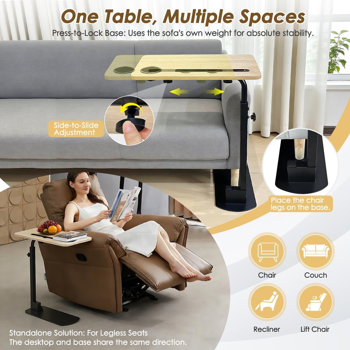 NEPPT Swivel Tray Table for Recliner, 360° Rotating TV Trays for Eating On Couch & Chairs, Adjustable Height Laptop Desk, Independent Living Aid Side Table for Seniors & Elderly with Limited Mobility