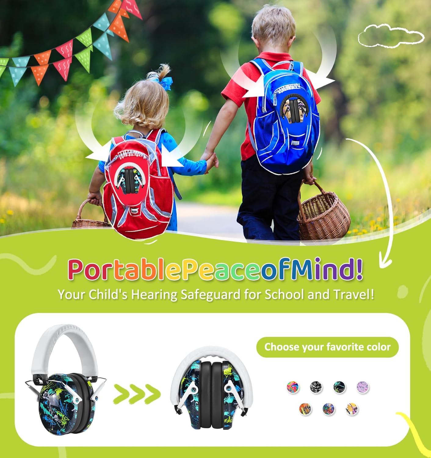 PROHEAR 032 Kids Ear Protection Safety Ear Muffs, NRR 25dB Noise Reduction Childrens Earmuffs, Adjustable Headband Hearing Protectors for Sports Events, Concerts, Racing, Airports - Graffiti Pattern