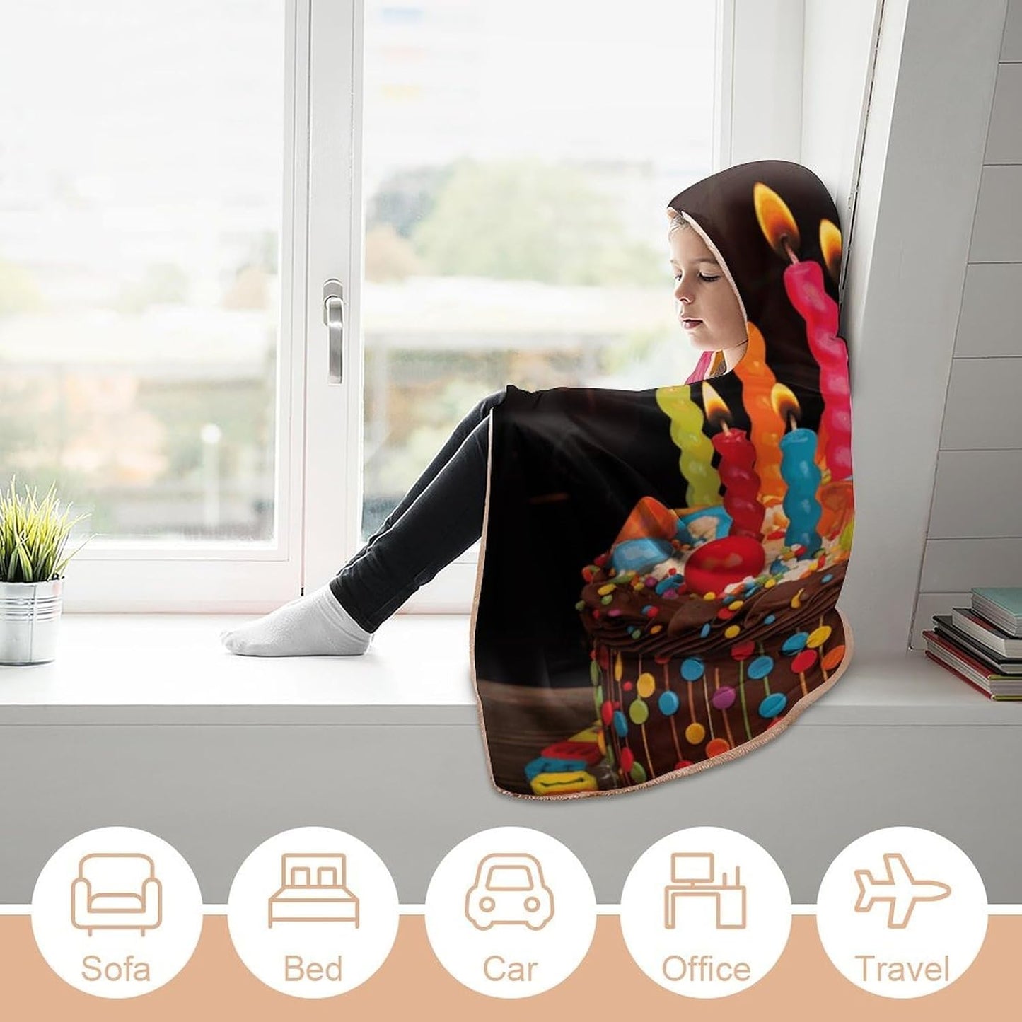 Happy Birthday Cake Blanket Hoodie Oversized Fleece Sweatshirt Wearable Blanket Rope Gift for Women Men