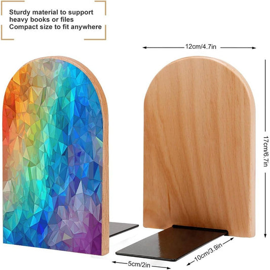 Rainbow Triangle Bookend for Shelves Wooden Book End Large Size Sturdy Book Holders Stoppers with Metal Base for Bookshelves Slick Decorative Bookends Stands