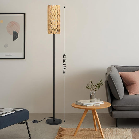 Floor Lamp for Living Room,Farmhouse Rattan Floor lamp,Modern Standing lamp with Hand-Worked Rattan Shade,Black Tall Lamp with Foot Switch for Bedroom,Kids Room,Office,LED Bulb is Included.