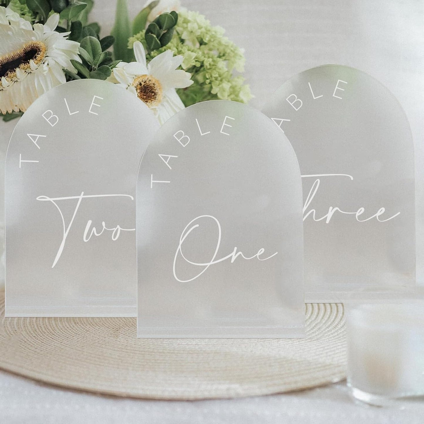 JINMURY Frosted Arch Wedding Table Numbers 1-15 with Stands, 5x7 Inch Frosted Arch Acrylic Sign with White Letters, Arched Acrylic Table Numbers for Wedding Reception