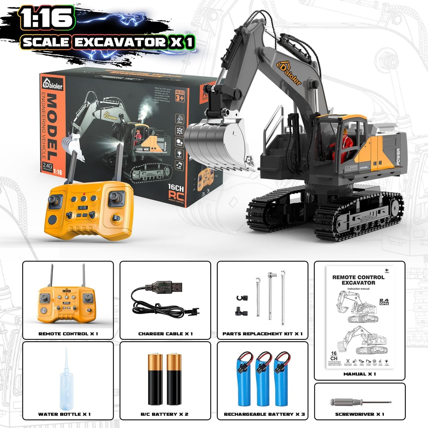 Remote Control Excavator Toy for Boys 3+, RC Construction Vehicle with Spray, Rechargeable Battery/680° Rotation/Metal Shovel/Light/Sound, RC Excavator Toy for Kid Digger Toys for Boy 3-5 4-7 8-12+