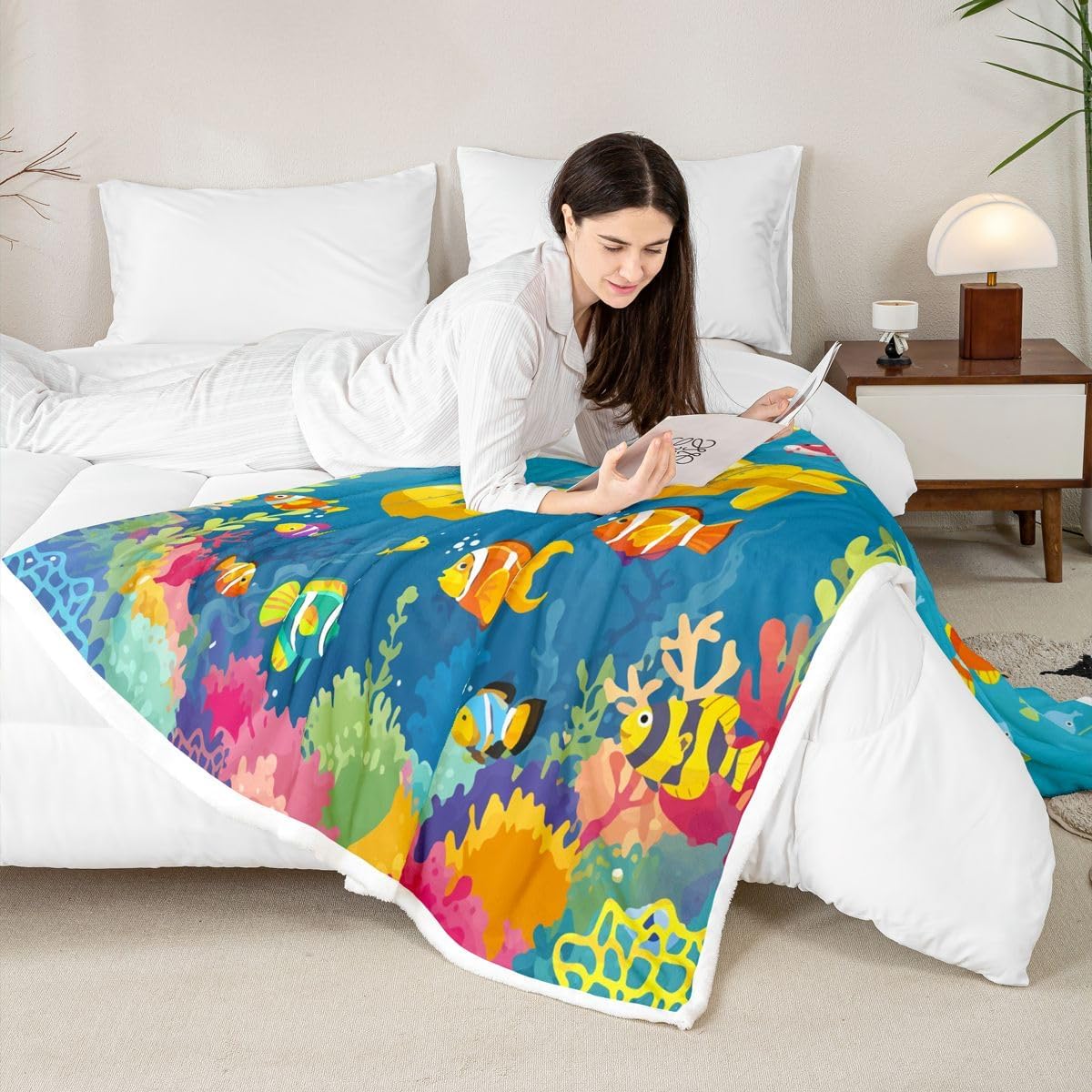 Feelyou Submarine Sherpa Blanket Cartoon Yellow Submarine Fleece Throw Blanket for Kids Boys Girls Underwater World Decor Cute Sealife for Sofa Bed Couch,Throw 50x60 Inches