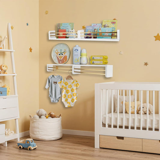 Nursery Wall Book Shelves Set of 4, 16" Solid Pine Wood Floating Book Ledges with Dual Safety Rails, Wall Mounted Kids Bookshelf for Baby & Toddler Books, Toys & Decor, Reversible Install, White/Gold