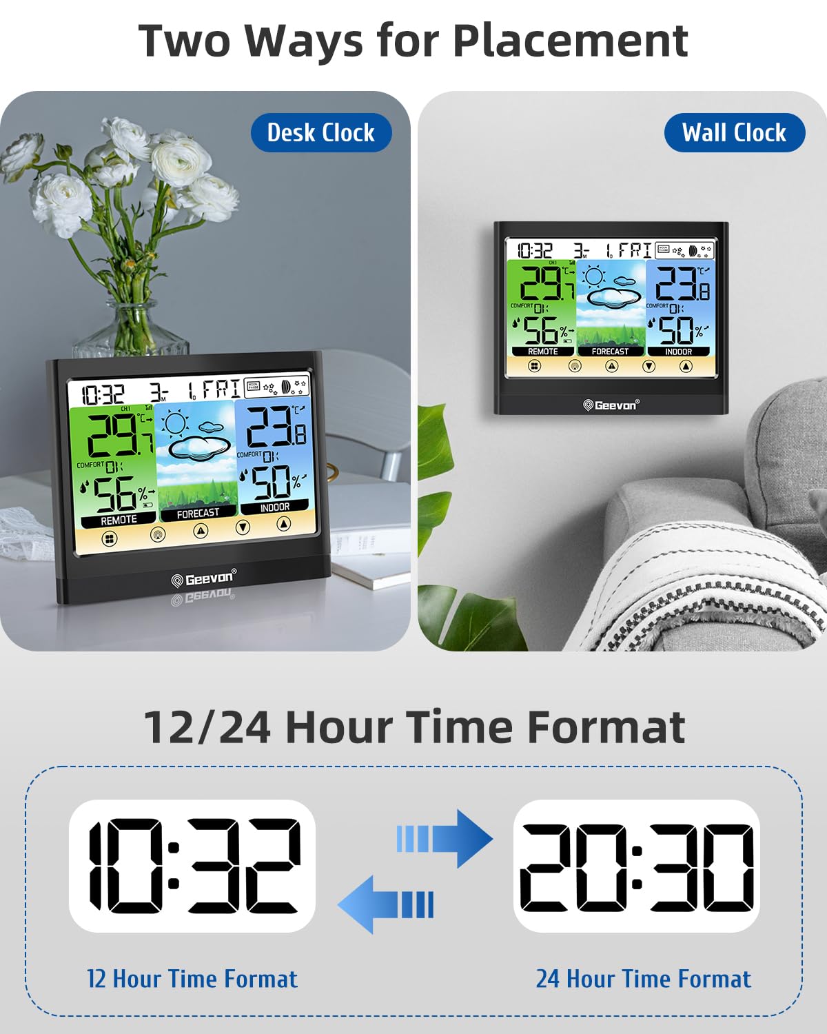 Geevon Weather Station Wireless Indoor Outdoor Thermometer Hygrometer with Dew Point, Heat Index, Touch LCD Display Digital Weather Thermometer with Alarm Clock and Adjustable Backlight