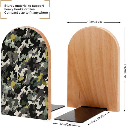 Abstract Camouflage Bookend for Shelves Wooden Book End Large Size Sturdy Book Holders Stoppers with Metal Base for Bookshelves Slick Decorative Bookends Stands