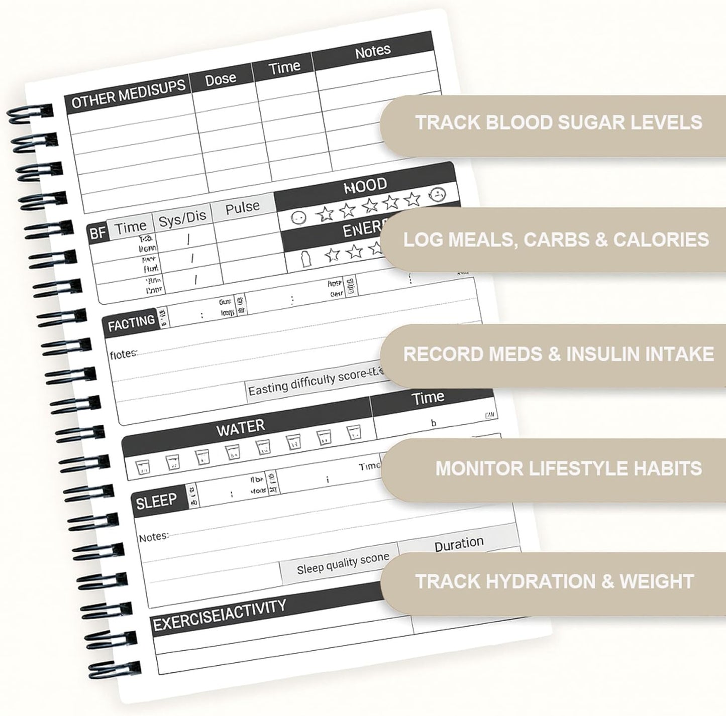 Diabetes Log Book for Blood Sugar, Glucose & Insulin Tracking – A4 Spiral Diabetic Journal with Food List, Daily Meal Planner, Carb & Calorie Tracker, Type 1 & Type 2 Diabetes Health Record Notebook