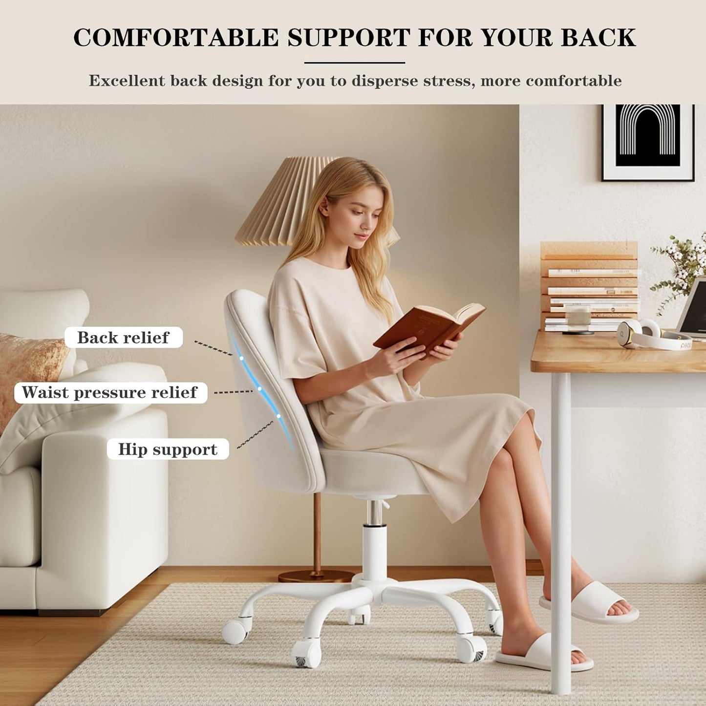 Velvet Vanity Chair with Wheels, Height Adjustable Swivel Makeup Chair, Armless Small Desk Chair for Bedroom/Office/Vanity Table, 250 lbs Capacity (Velvet, White)